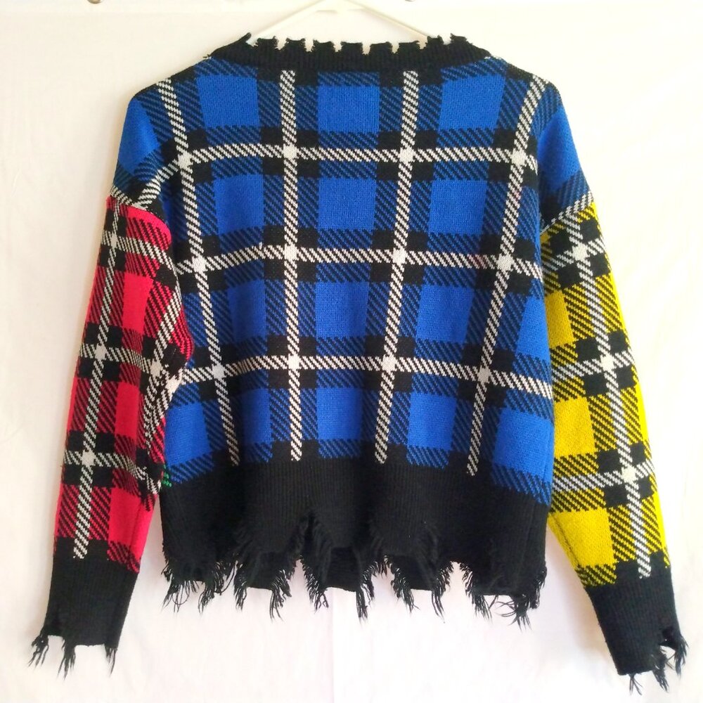 Runway 7 Factory Distressed Colorblock Plaid Knit Cardigan S Grunge Varsity Y2K - Picture 6 of 8